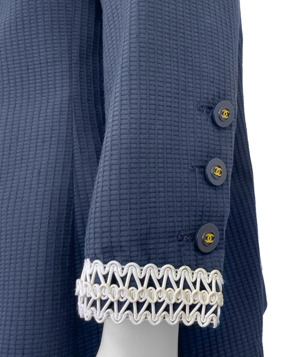 Navy Blue Waffle Cotton Skirt Suit Trimmed in White Woven Plastic