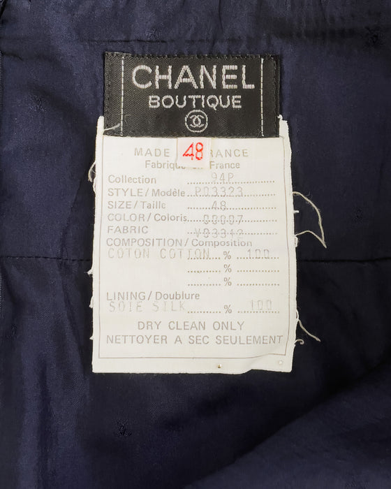 Navy Blue Waffle Cotton Skirt Suit Trimmed in White Woven Plastic