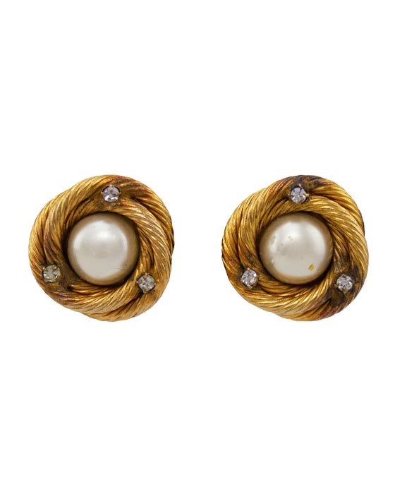 Gold, Pearl and Rhinestone Clip On Earrings