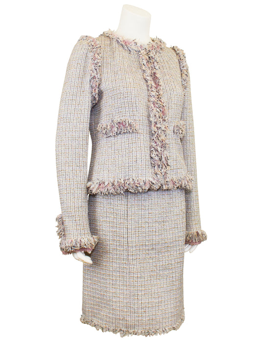 Pink Tweed Skirt Suit with Fringe Trim