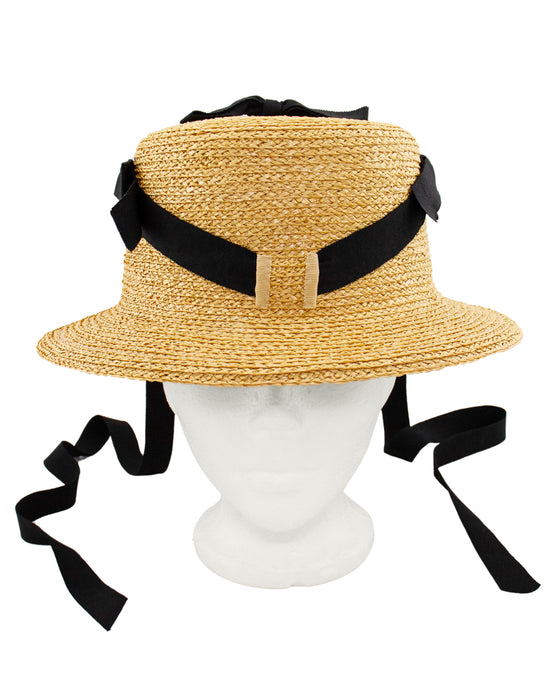 Beige and Black Straw Bucket Style Hat with Black Ribbon