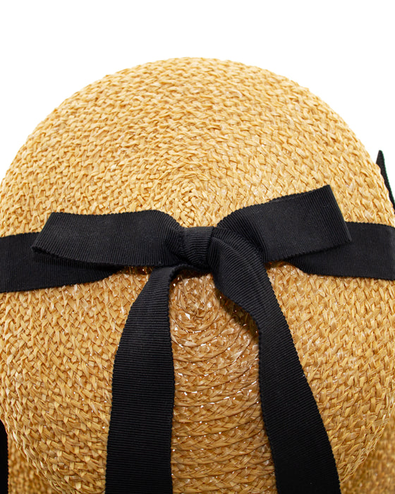 Beige and Black Straw Bucket Style Hat with Black Ribbon