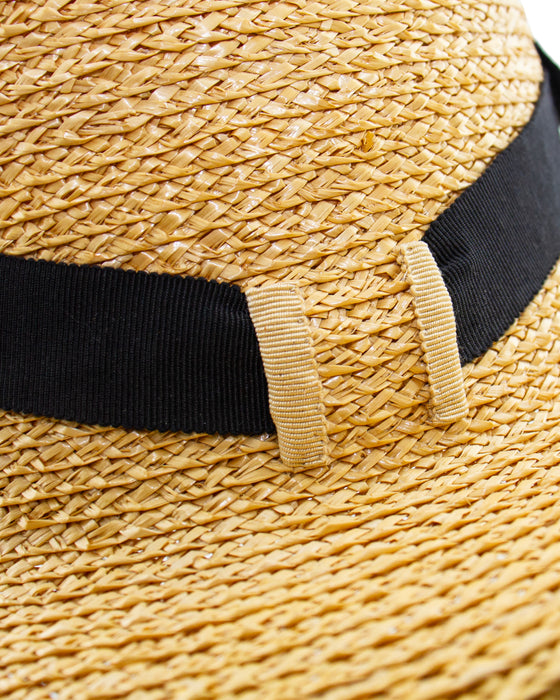 Beige and Black Straw Bucket Style Hat with Black Ribbon