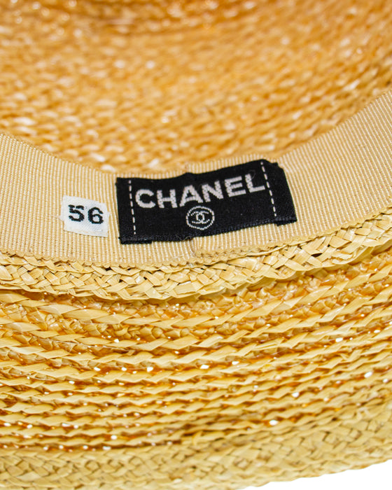 Beige and Black Straw Bucket Style Hat with Black Ribbon