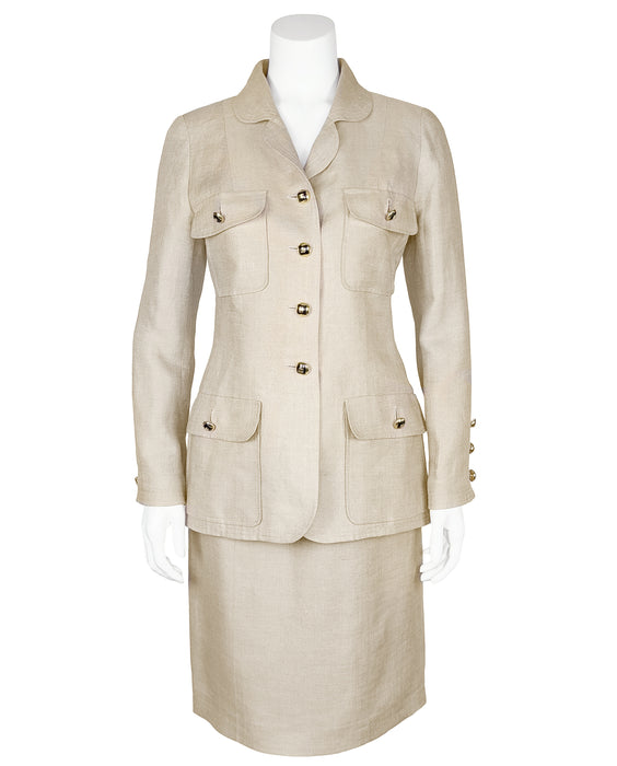 Tan Linen Safari Style Skirt Suit