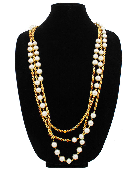 Gold Triple Chain Link Necklace with Faux Pearls