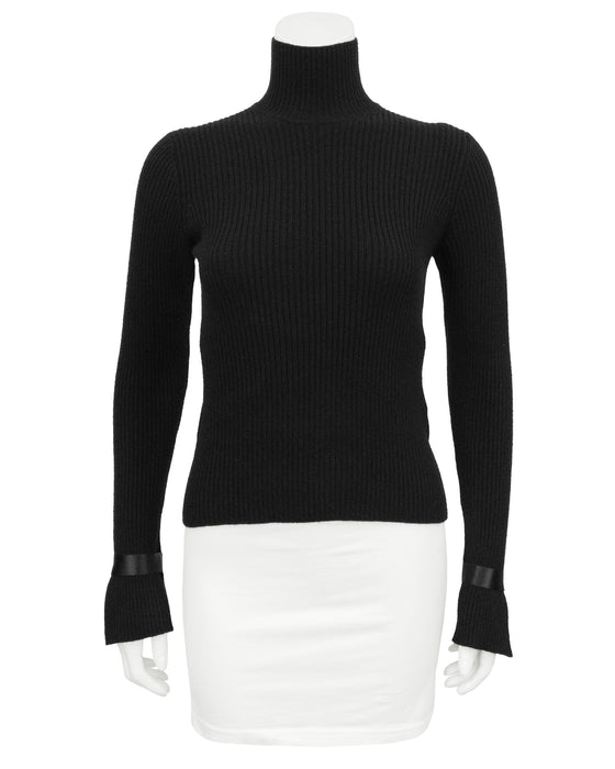 Black Ribbed Mock Neck Sweater with Gold Logo Buttons