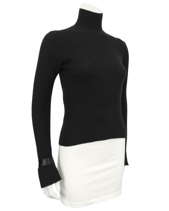 Black Ribbed Mock Neck Sweater with Gold Logo Buttons
