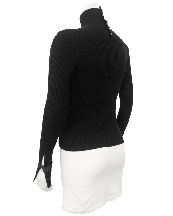 Black Ribbed Mock Neck Sweater with Gold Logo Buttons