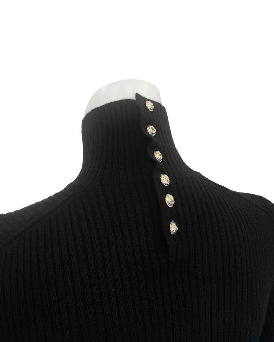 Black Ribbed Mock Neck Sweater with Gold Logo Buttons