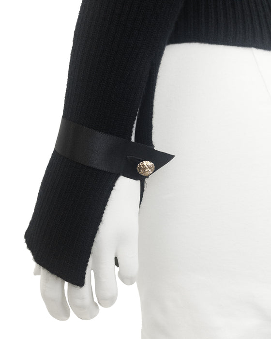 Black Ribbed Mock Neck Sweater with Gold Logo Buttons
