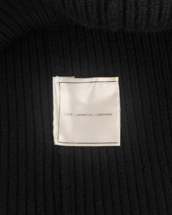 Black Ribbed Mock Neck Sweater with Gold Logo Buttons