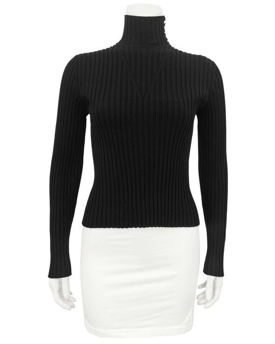 Black Poly Knit Ribbed Mock Neck Sweater with Logo Buttons