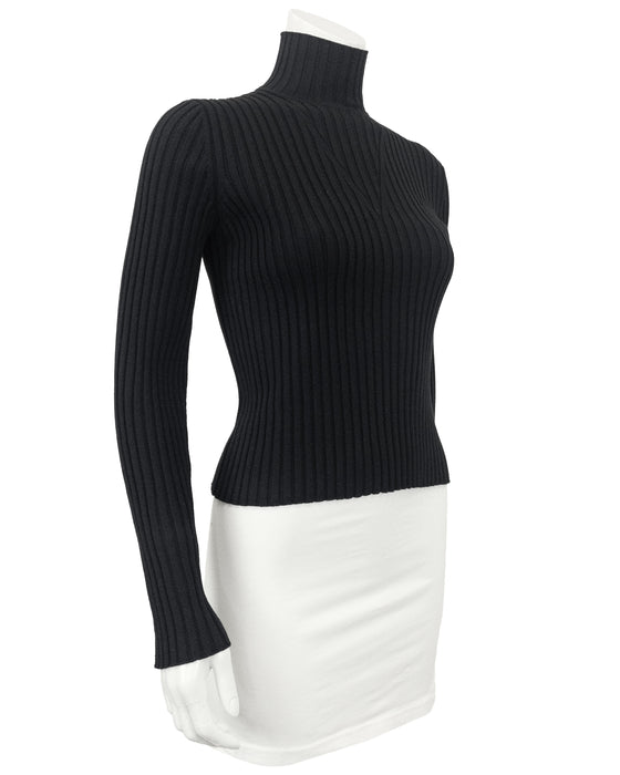Black Poly Knit Ribbed Mock Neck Sweater with Logo Buttons