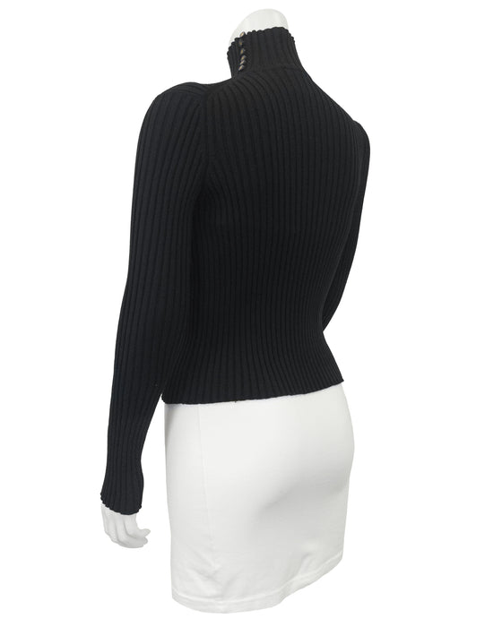 Black Poly Knit Ribbed Mock Neck Sweater with Logo Buttons
