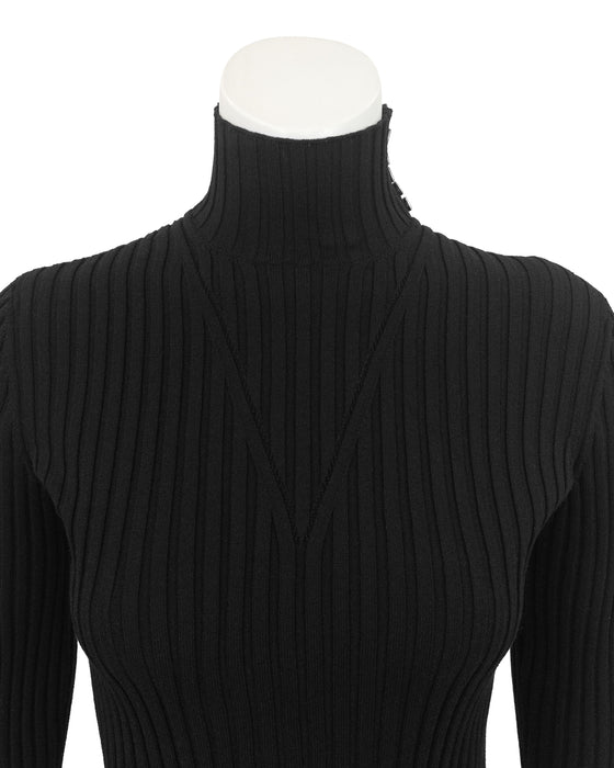 Black Poly Knit Ribbed Mock Neck Sweater with Logo Buttons