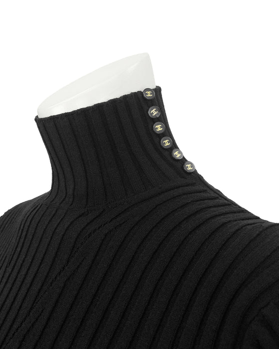 Black Poly Knit Ribbed Mock Neck Sweater with Logo Buttons