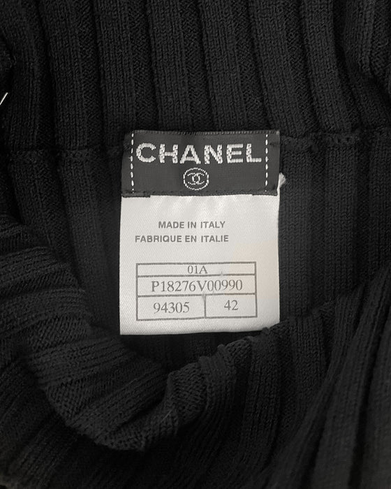Black Poly Knit Ribbed Mock Neck Sweater with Logo Buttons
