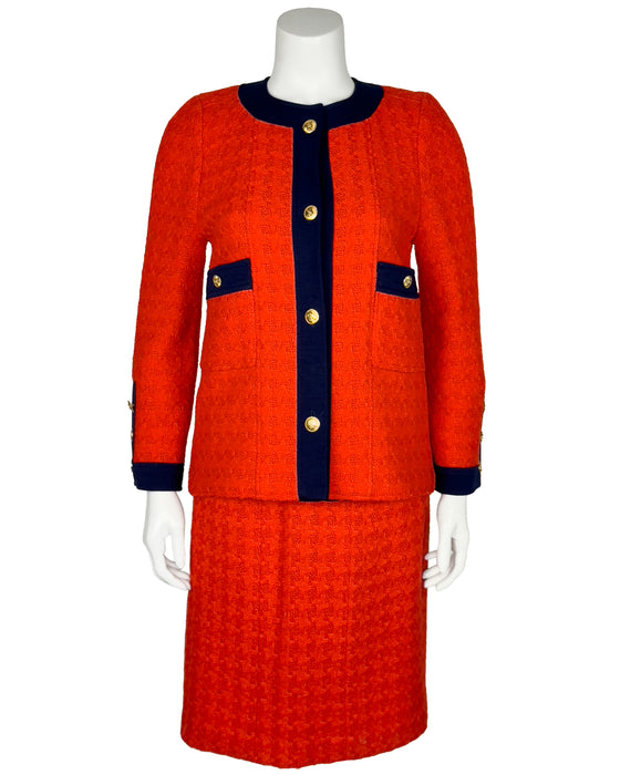 Orange/Red and Navy Wool Weave Skirt Suit