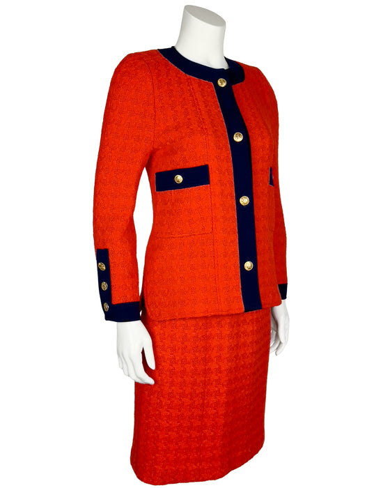 Orange/Red and Navy Wool Weave Skirt Suit