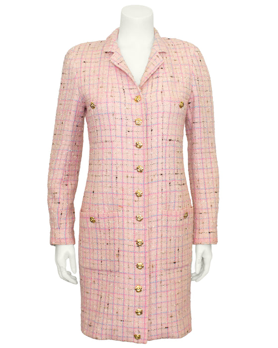Pink Tweed Coat Dress With Gold Camellia Buttons