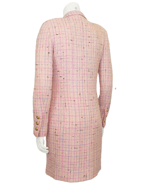 Pink Tweed Coat Dress With Gold Camellia Buttons