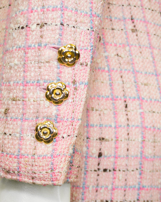 Pink Tweed Coat Dress With Gold Camellia Buttons