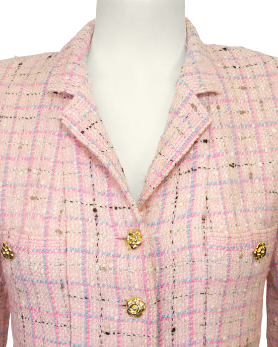 Pink Tweed Coat Dress With Gold Camellia Buttons