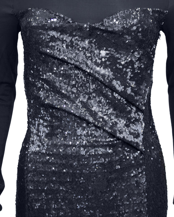 Charcoal Grey Sheer and Sequin Cocktail Dress