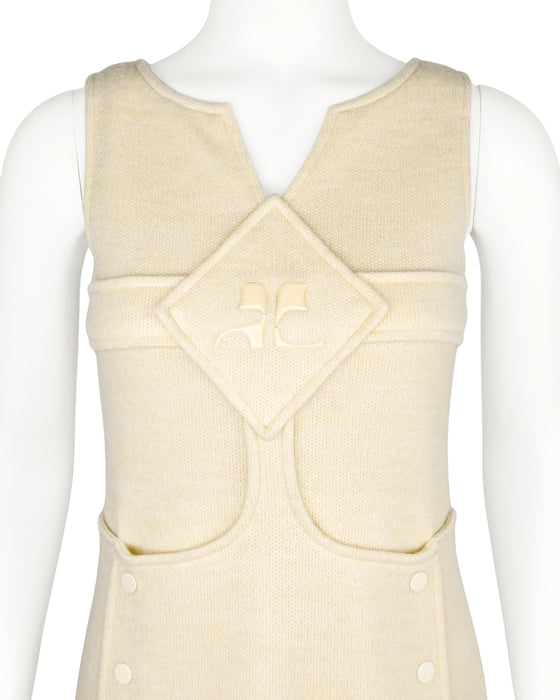 Beige Knit Sleeveless Logo A-Line Dress