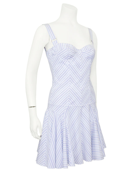 Blue and White Chevron Striped Cotton Mini Dress