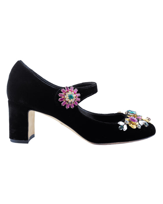 Black Velvet Embellished Mary Janes