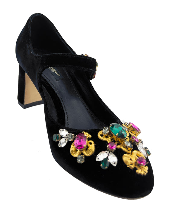 Black Velvet Embellished Mary Janes