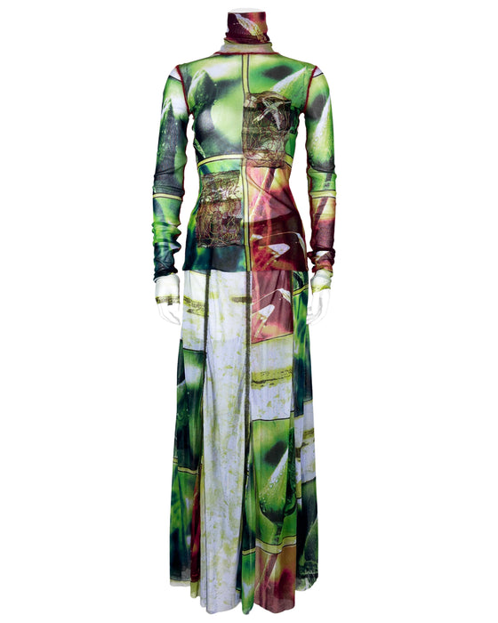 Green and Red Nature Print Mesh Top & Maxi Skirt Set