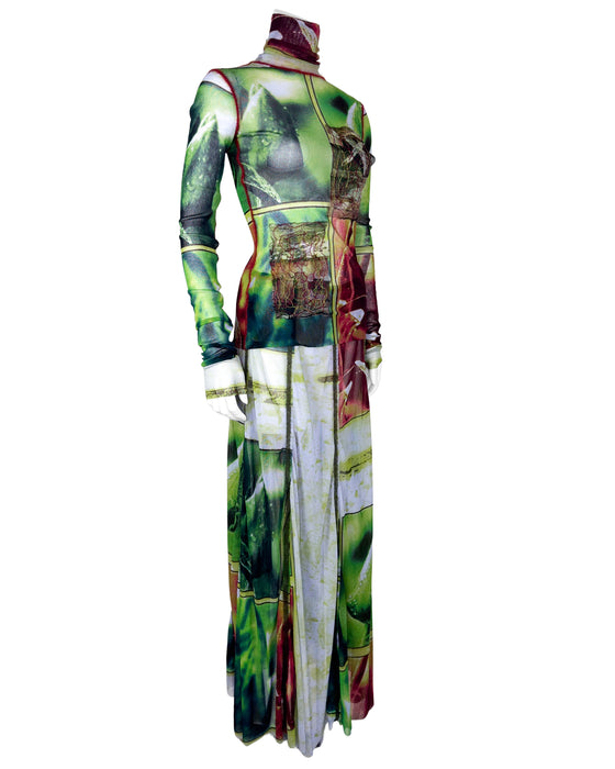 Green and Red Nature Print Mesh Top & Maxi Skirt Set
