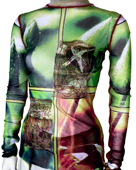 Green and Red Nature Print Mesh Top & Maxi Skirt Set