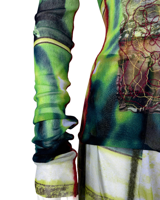 Green and Red Nature Print Mesh Top & Maxi Skirt Set