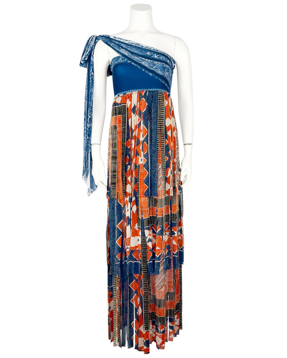 Blue and Orange Mesh Strapless Fringe Maxi Dress