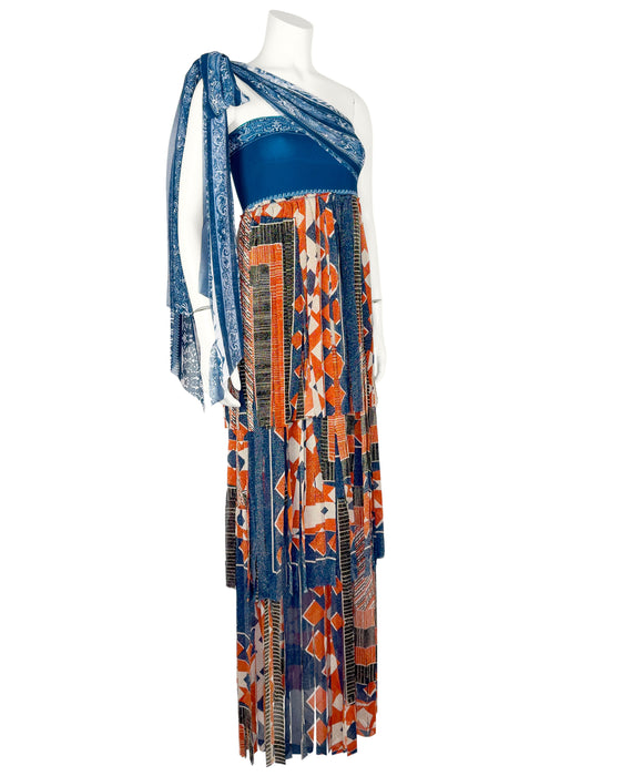 Blue and Orange Mesh Strapless Fringe Maxi Dress