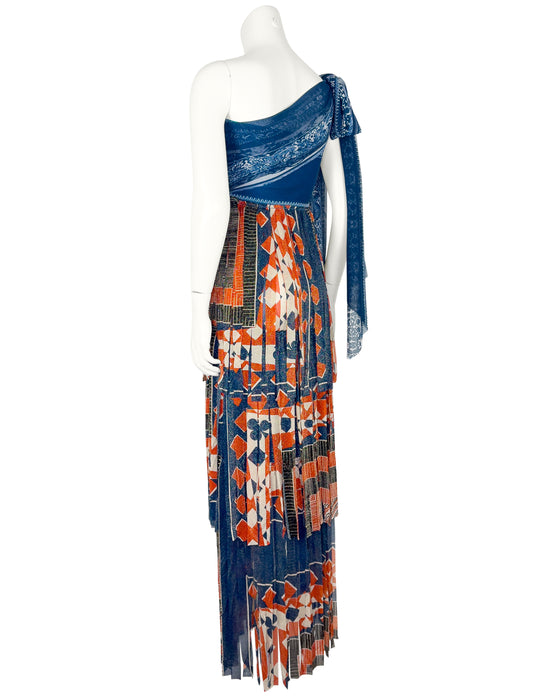 Blue and Orange Mesh Strapless Fringe Maxi Dress
