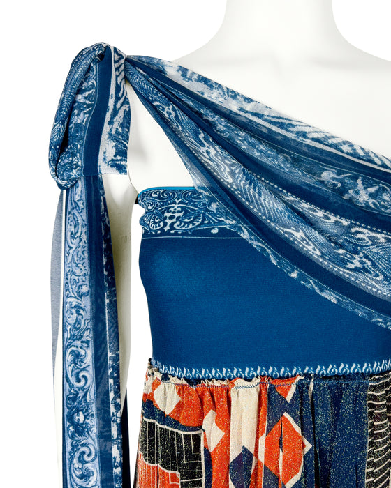 Blue and Orange Mesh Strapless Fringe Maxi Dress