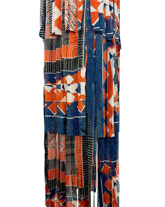 Blue and Orange Mesh Strapless Fringe Maxi Dress