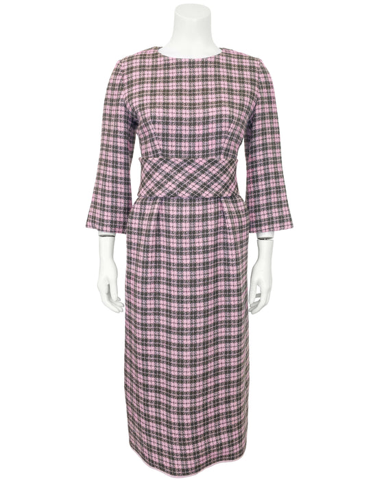 Pink and Grey Plaid Wool Day Dress w Belt