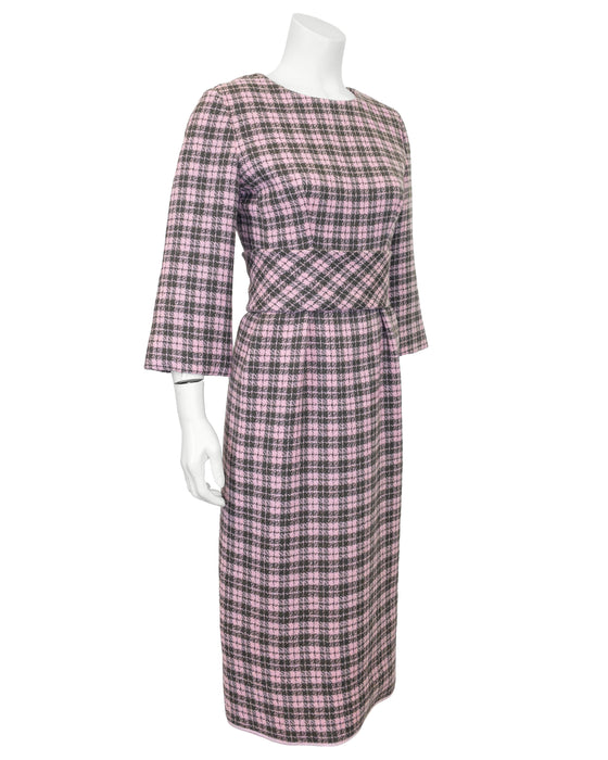 Pink and Grey Plaid Wool Day Dress w Belt