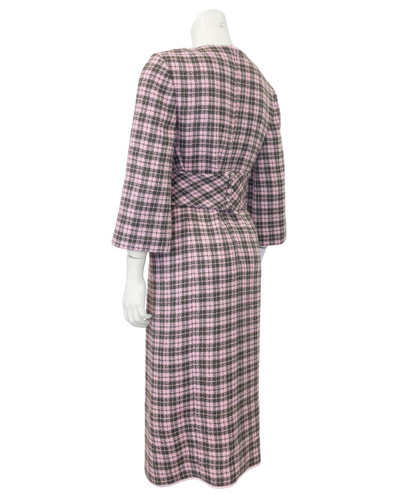 Pink and Grey Plaid Wool Day Dress w Belt