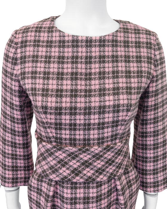 Pink and Grey Plaid Wool Day Dress w Belt