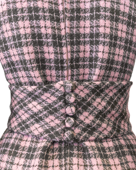 Pink and Grey Plaid Wool Day Dress w Belt
