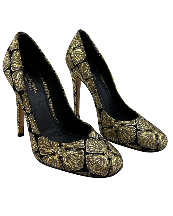 Black and Gold Brocade Heels