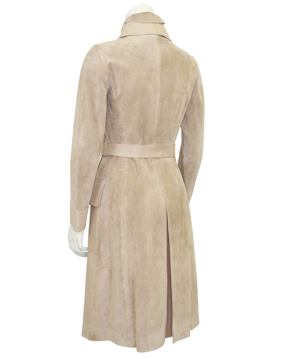 Beige Suede and Leather Trench Coat with Enamel Tiger Head Details
