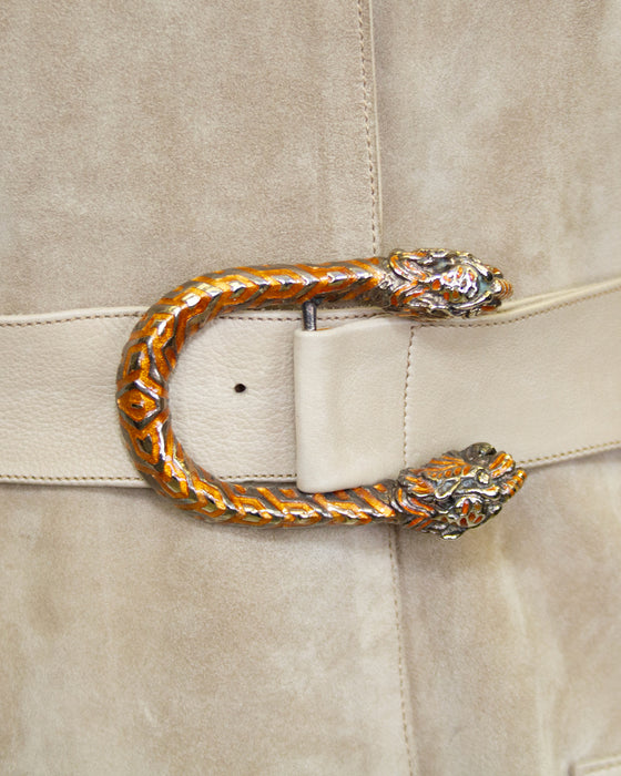 Beige Suede and Leather Trench Coat with Enamel Tiger Head Details